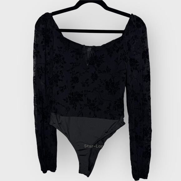 Lulus Regal Rendezvous Floral Bodysuit | Medium Black Mesh Long Sleeve Velvet - Picture 1 of 11